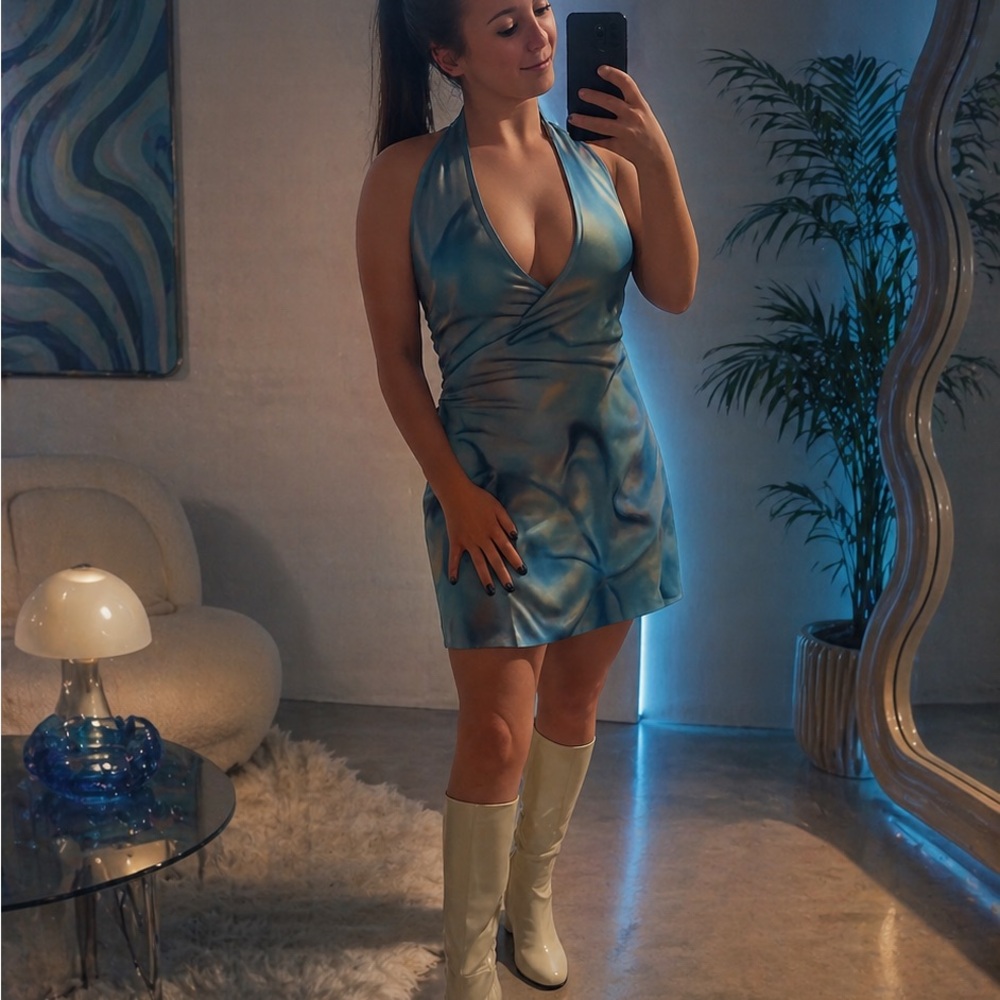 Kimchi Blue Blue Iridescent Halter Backless Mini Dress